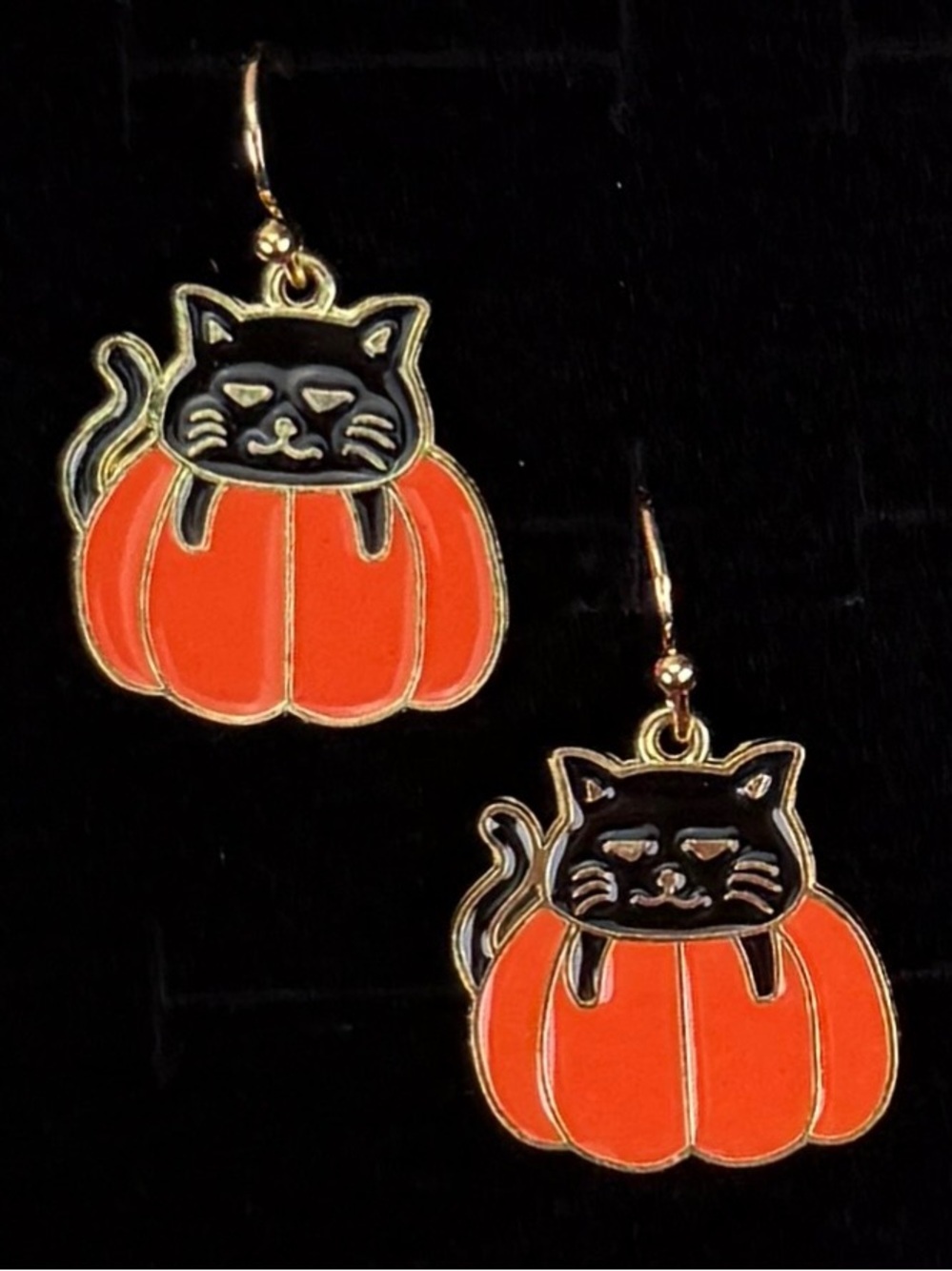 Vintage Black Cat Orange Pumpkin Pierced Dangle Earrings Festive Fall Halloween